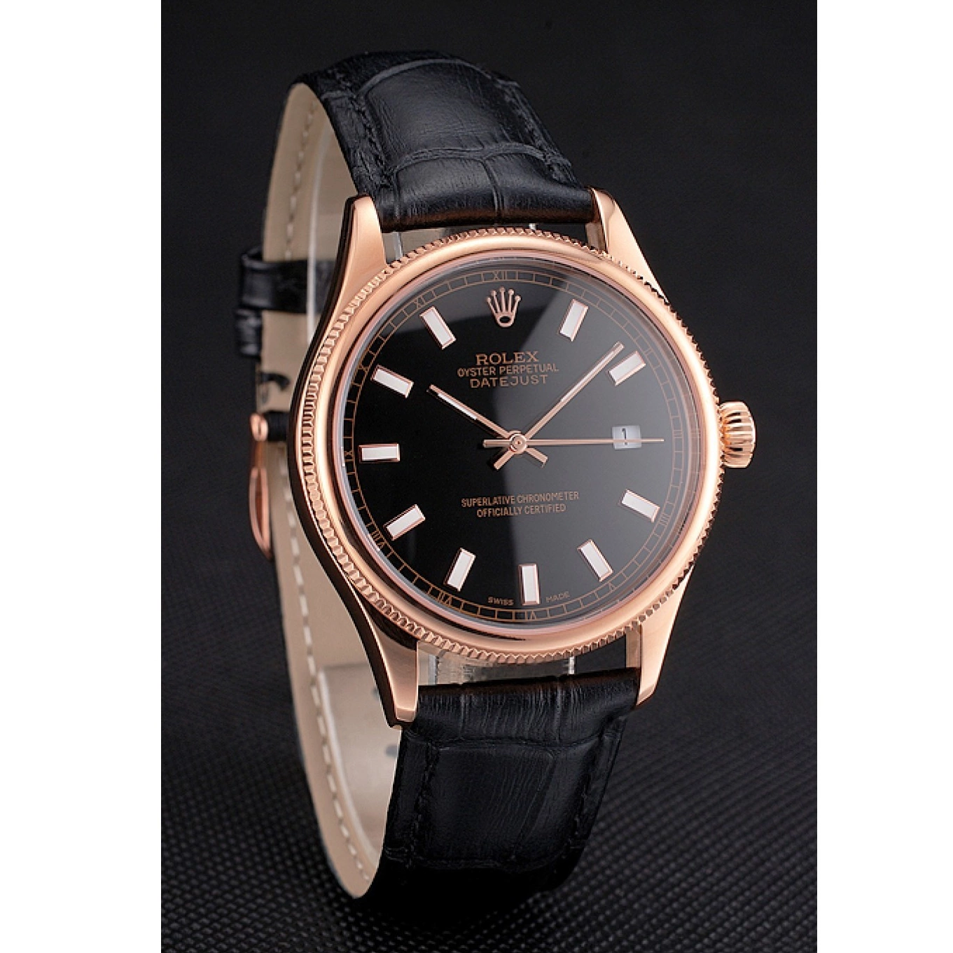 Rolex aaa copy Leather Rolex Dial Swiss Black Strap Gold Rose Case Datejust Black 0602